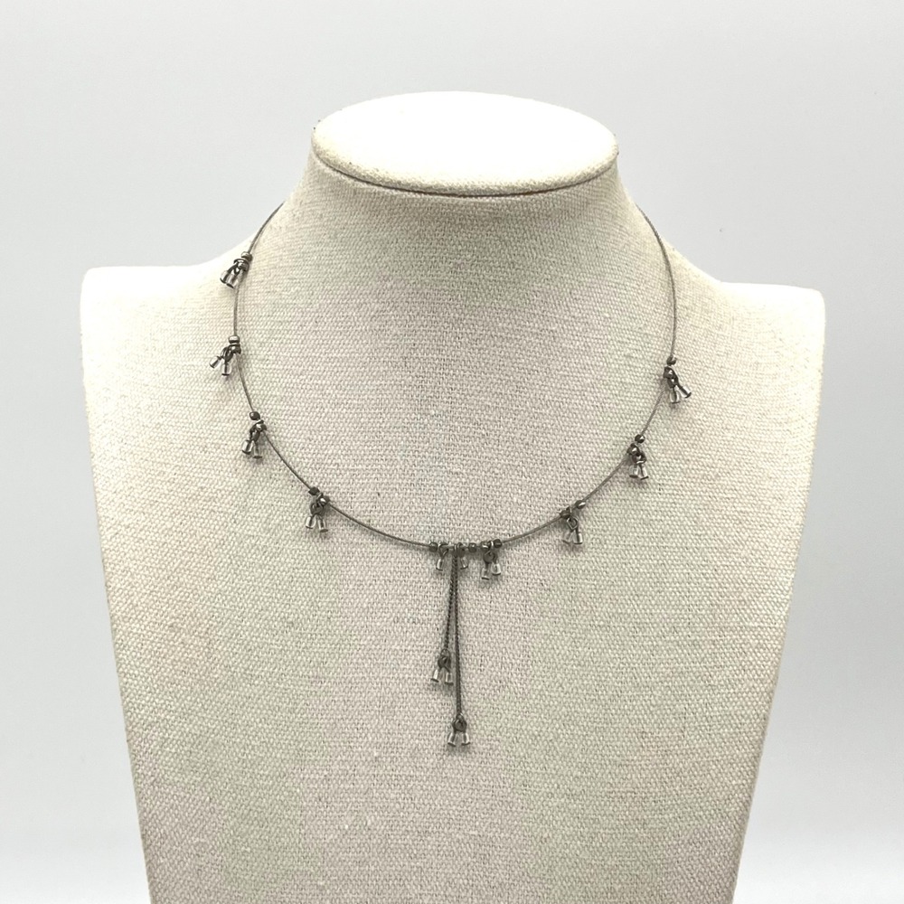 Gunmetal Wire Y-Drop Necklace Clear Seed Bead Clusters Adjustable 14-17 Inch